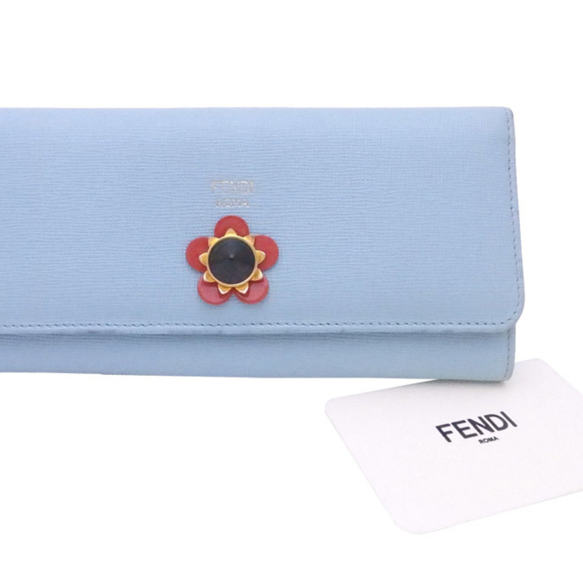 Fendi Long Wallet Light Blue Leather X Gold Hardware Ladies